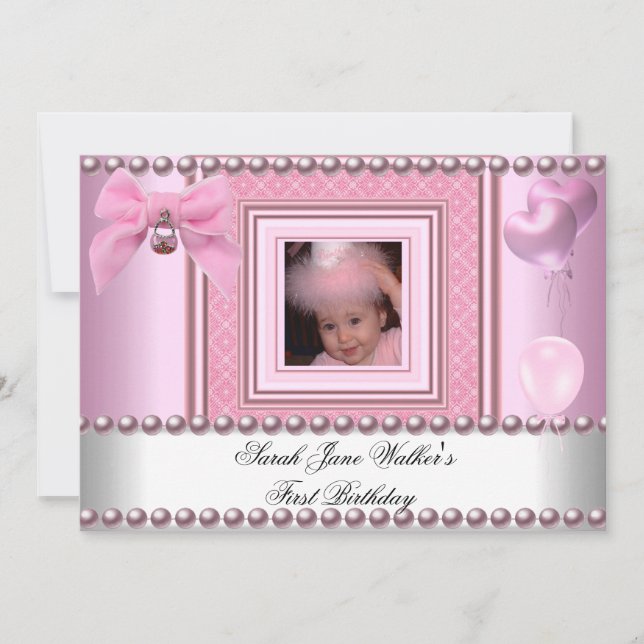 Invitation Fille du 1er anniversaire perle blanche rose photo (Devant)