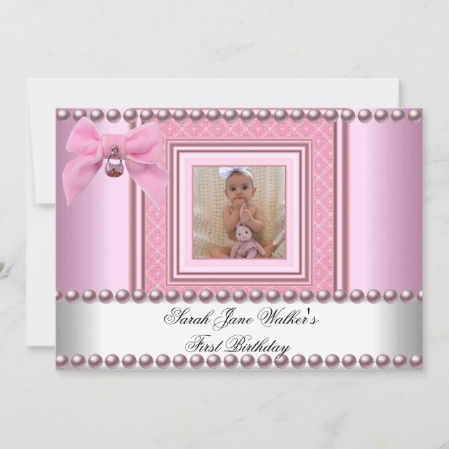 Invitation Fille du 1er anniversaire perle blanche rose photo (Devant)