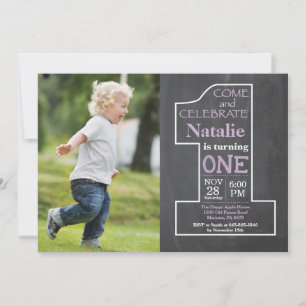 Invitation Fille du 1er anniversaire Photo tableau noir viole