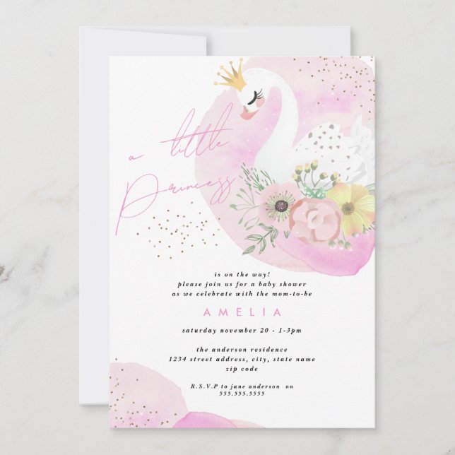 Invitation Fille du cygne princesse rose or bébé shower (Devant)