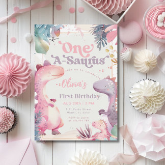 Invitation Fille du dinosaure rose One-A-Saurus 1er premier a
