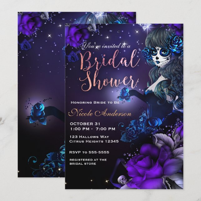Invitation Fille du Jour des Morts Violet Bleu Baby Shower (Devant / Derrière)