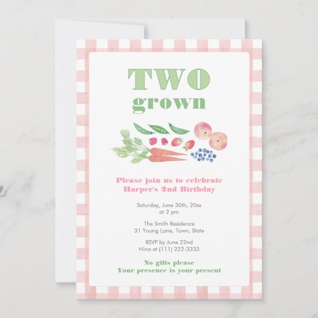 Invitation Fille du marché fermier rose et vert 2e anniversai (Devant)