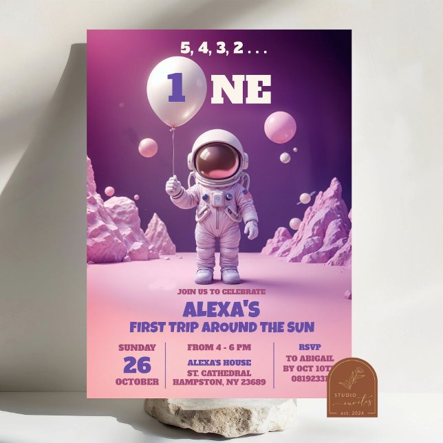 Invitation Fille du premier anniversaire astronaute rose espa (Créateur téléchargé)