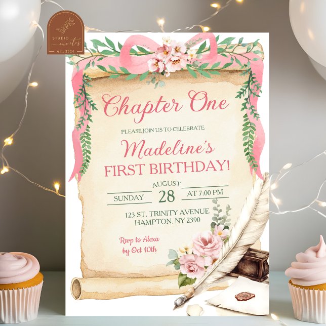 Invitation Fille du premier anniversaire au nœud rose chapitr (Créateur téléchargé)