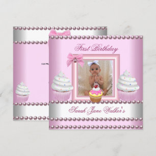 Invitation Fille du premier anniversaire Cupcakes roses Perle