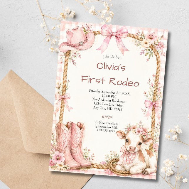 Invitation Fille du premier rodéo rose 1er anniversaire (Baby Girl Cowgirl Western 1st Rodeo Birthday invitation. Pink Coquette Bows, Boots, Hat, Baby Cow)