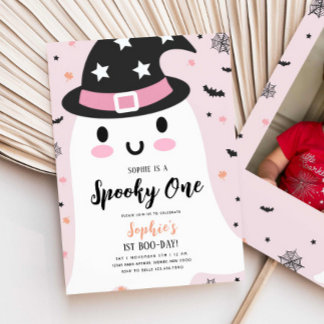 Invitation Fille Éffrayant un Hallowen Ghost rose 1er anniver