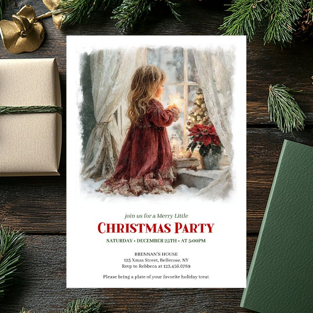 Invitation Fille élégante attend l'invitation de vacances édi (Elegant girl awaits Santa editable holiday invitation)