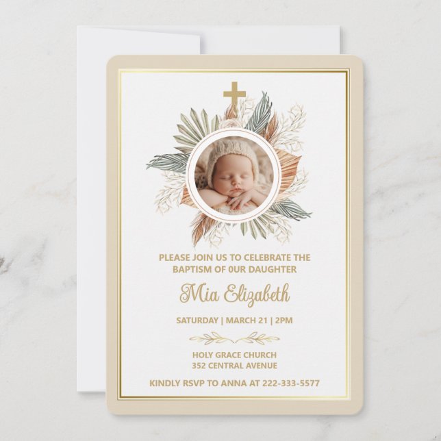 Invitation Fille élégante Baptême Verdure Croix Photo (Devant)