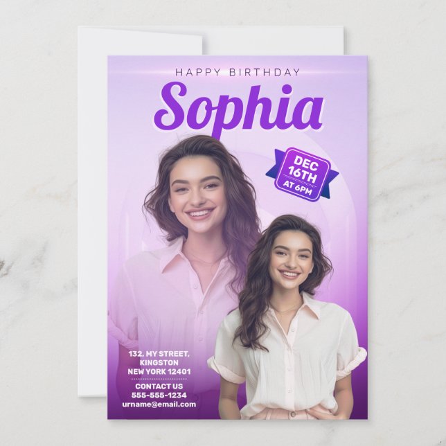 Invitation Fille élégante fête d'anniversaire violet une phot (Devant)