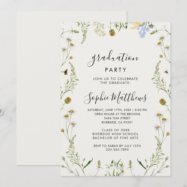 Invitation Fille élégante minimaliste chic aux fleurs sauvage (Devant / Derrière)