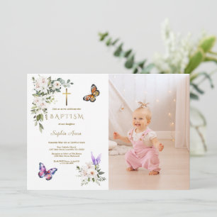 Invitation Fille élégante papillon lys blanc photo baptême