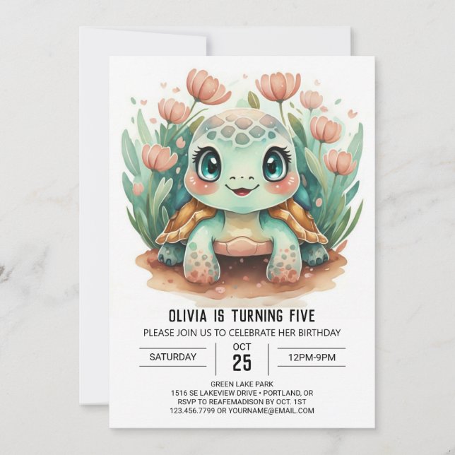 Invitation Fille Élégante Tortue Fille Anniversaire (Devant)