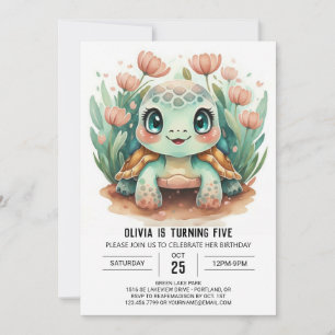 Invitation Fille Élégante Tortue Fille Anniversaire