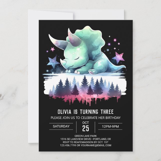 Invitation Fille Élégante Tricératops Anniversaire (Devant)