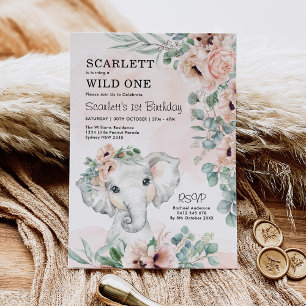 Invitation Fille Eléphant 1er anniversaire Blush Floral Eucal