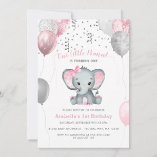 Invitation Fille Eléphant Aquarelle Ballons 1er anniversaire