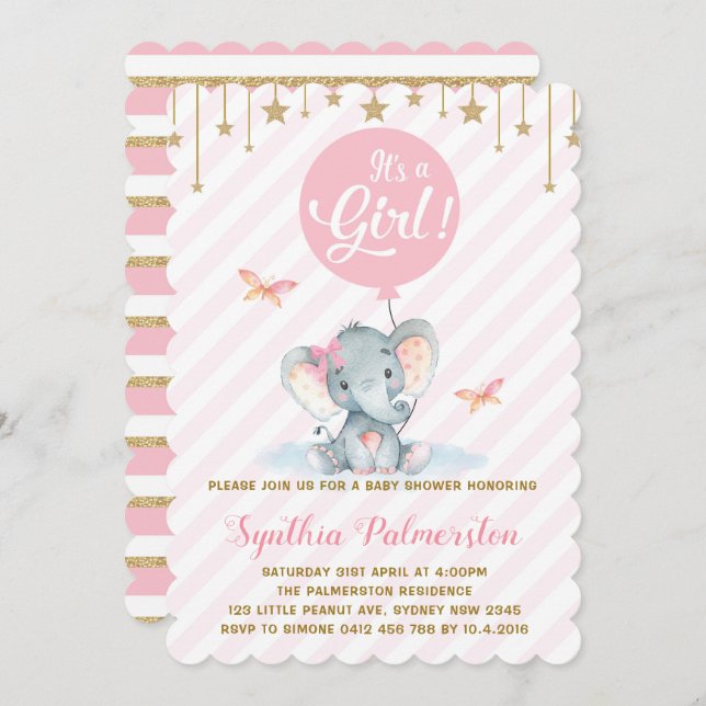Invitation Fille Eléphant Baby shower rose Gold Star Invitati (Devant / Derrière)
