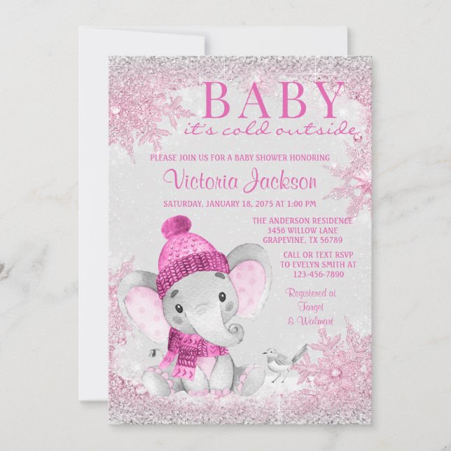 Invitation Fille Elephant Baby son Baby shower extérieur froi (Devant)