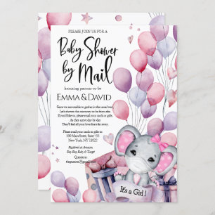 Invitation Fille Eléphant Ballons rose Baby shower par courri