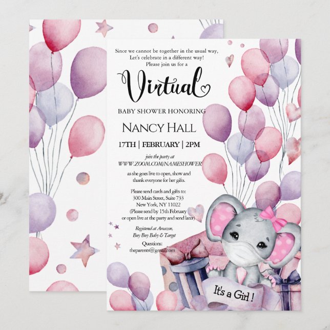 Invitation Fille Eléphant Ballons rose Baby shower virtuel (Devant / Derrière)