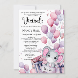 Invitation Fille Eléphant Ballons rose Baby shower virtuel