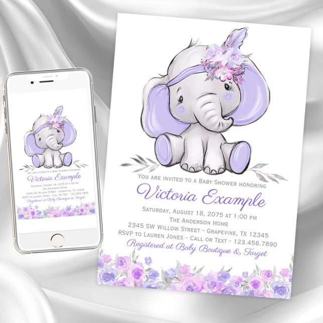 Invitation Fille Éléphant Bohème Violet Baby Shower (Girl purple elephant baby shower invitations. Instant download and printed invitations available.)