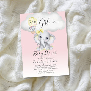 Invitation Fille éléphant en montgolfière Baby Shower Rose