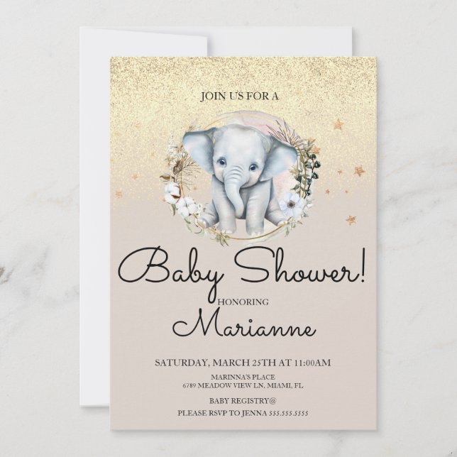 Invitation  Fille éléphant garçon bébé Faux or Paillettes  (Devant)