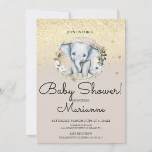 Invitation  Fille éléphant garçon bébé Faux or Paillettes 