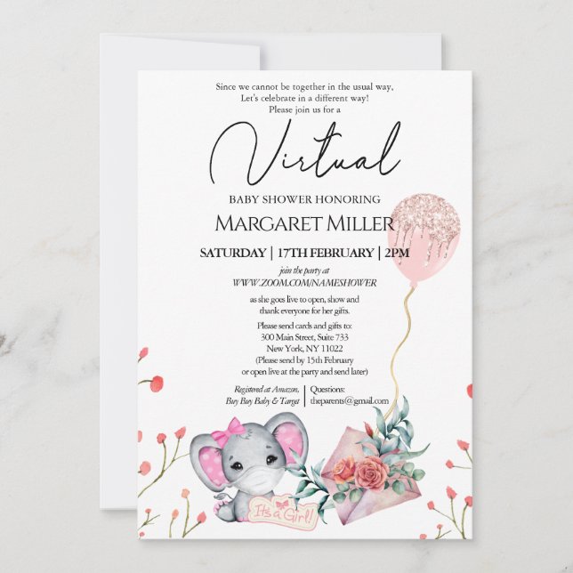 Invitation Fille Elephant Gold Parties scintillant Ballons Do (Devant)