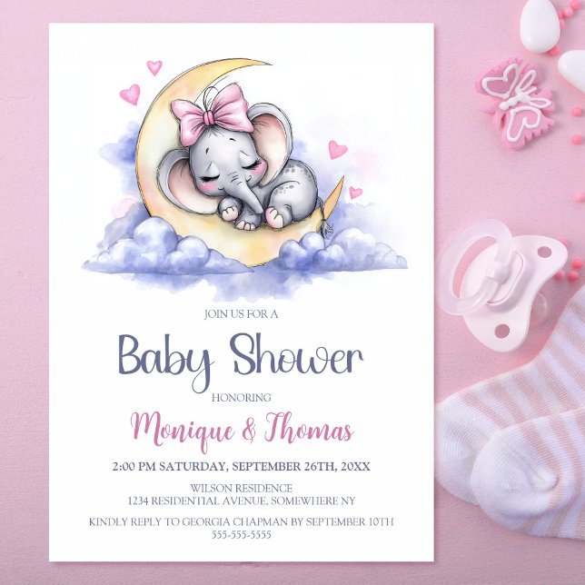 Invitation Fille Éléphant Lune Baby Shower (Créateur téléchargé)