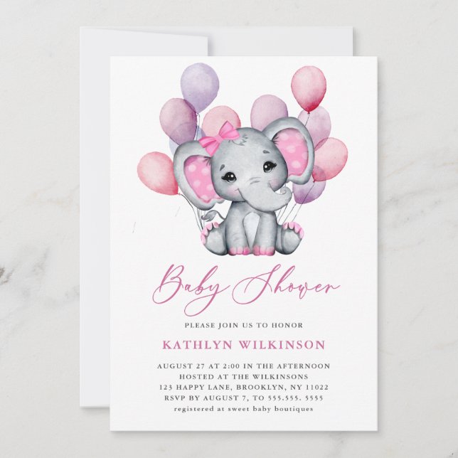 Invitation Fille Eléphant rose Balloon Script mignon Baby sho (Devant)