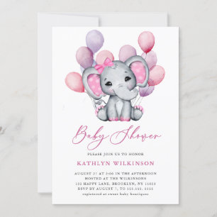 Invitation Fille Eléphant rose Balloon Script mignon Baby sho