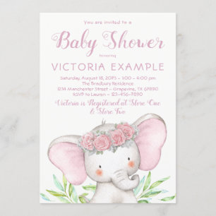 Invitation Fille Éléphant Rose Roseau Aquarelle Baby Shower