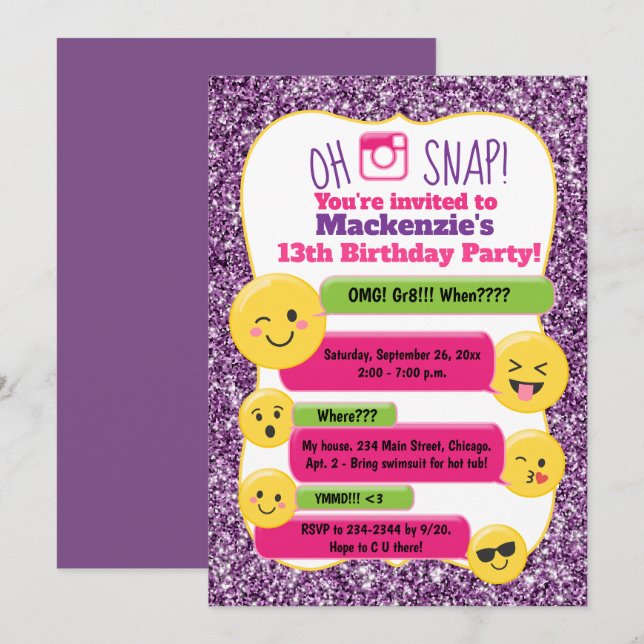 Invitation Fille Emoji Fête d'anniversaire Ado Tween Paillett (Devant / Derrière)