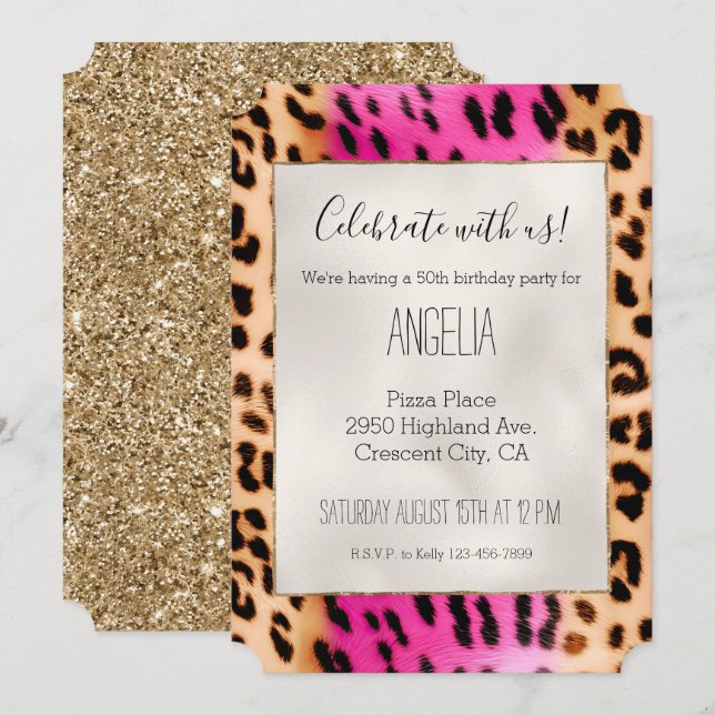 Invitation Fille Empreinte de léopard de crème rose (Devant / Derrière)