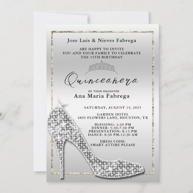 Invitation Fille en argent Stiletto Quinceañera fête d'annive (Devant)