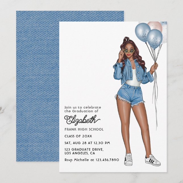 Invitation Fille en jean stylée avec ballons Fête de fin d'ét (Devant / Derrière)