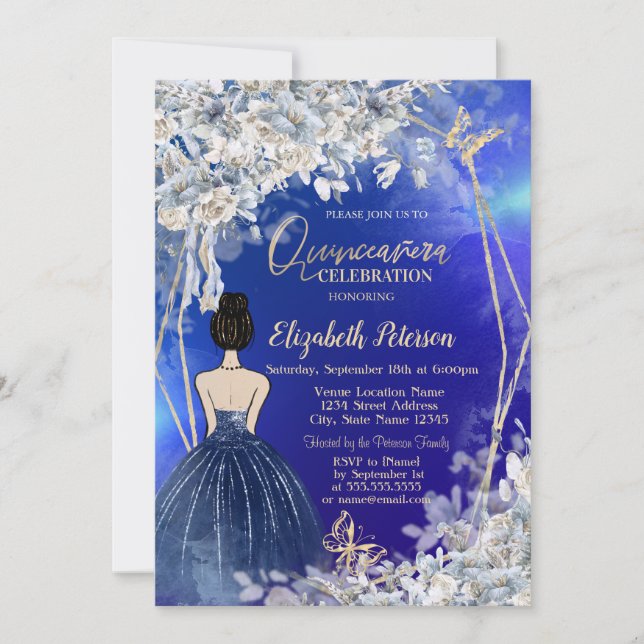 Invitation Fille en robe chic bleu marine, fleurs bleues Quin (Devant)