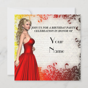 Invitation Fille en robe rouge fête d'anniversaire