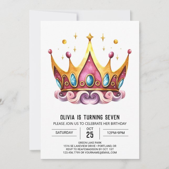 Invitation Fille enchantée princesse couronne Anniversaire (Devant)