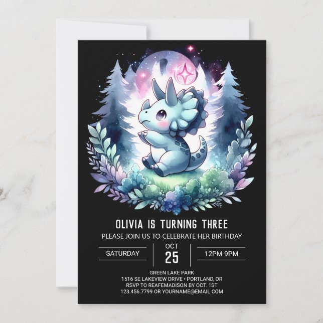Invitation Fille enchantée Triceratops Anniversaire (Devant)