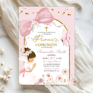 Invitation Fille espagnole agenouillée ruban rose Primera Com