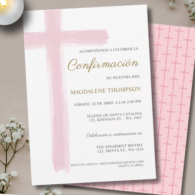 Invitation Fille espagnole Confirmation rose Confirmacion (Créateur téléchargé)