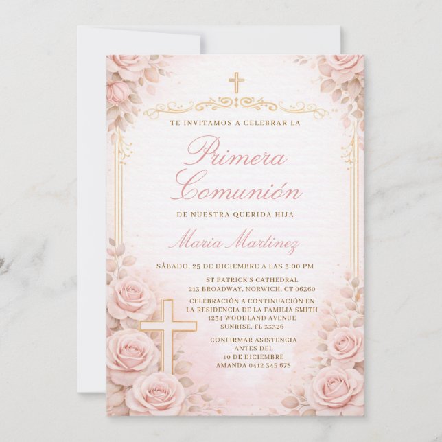 Invitation Fille espagnole florale pêche Primera Communión Cr (Devant)
