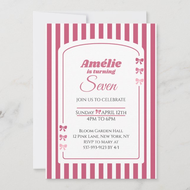 Invitation Fille esthétique Coquette Ruban Rose 7e Anniversai (Devant)