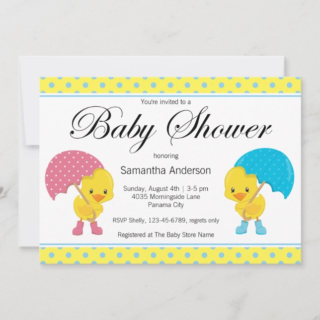 Invitation Fille et garçon Ducky avec Baby shower parapluie (Devant)