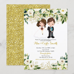 Invitation Fille et garçon frère Première communion florale b